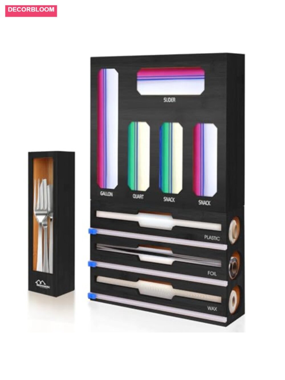 Bamboo Foil and Plastic Wrap Dispenser with Cutter Ziplock Bag Organizer